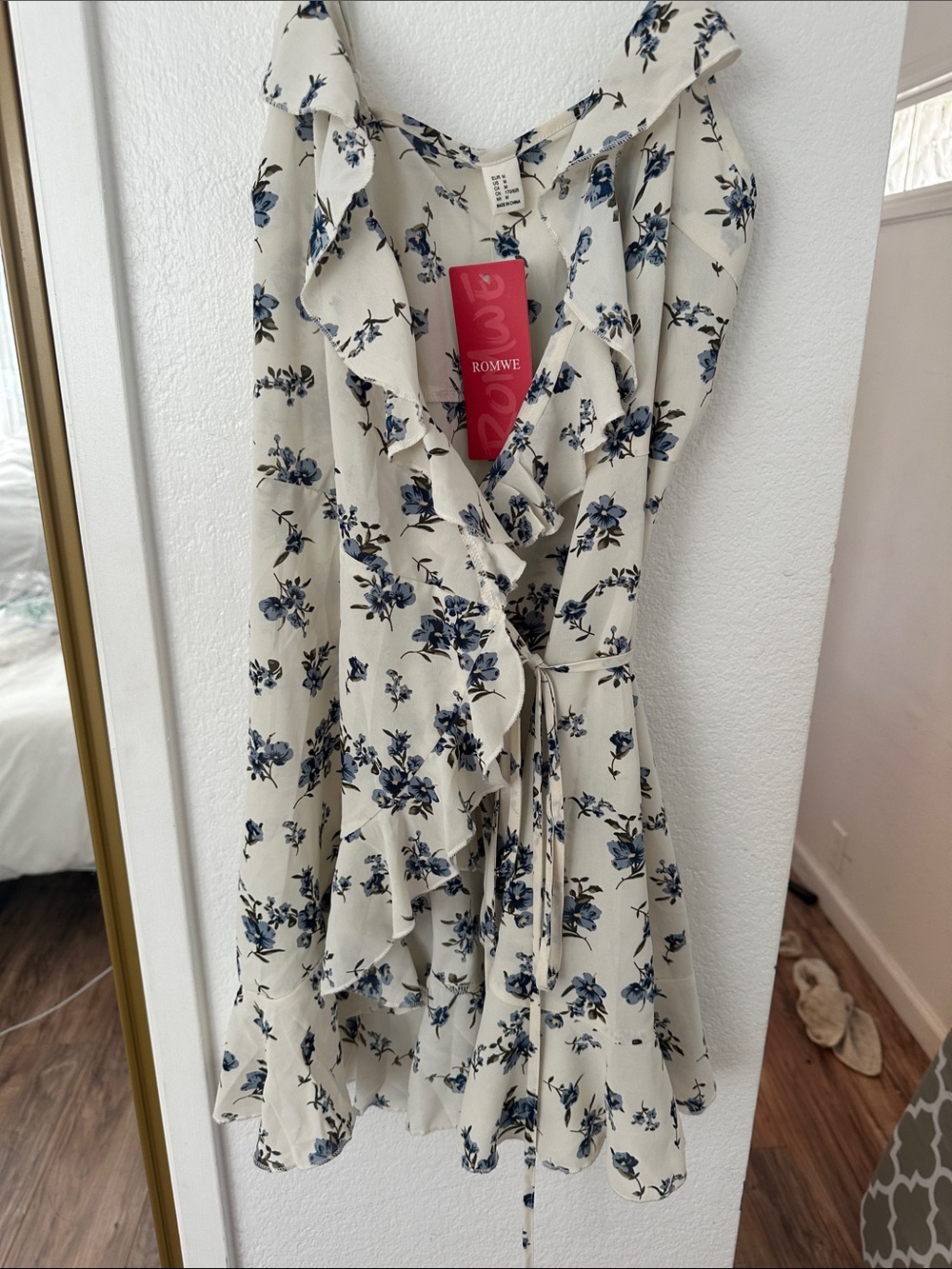 ROMWE Cream wrap Dress with Blue Floral Ruffles